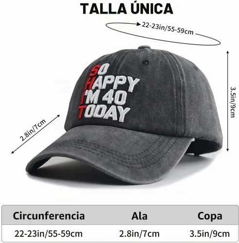 Vista 2 de So Happy I'm 40 Today - Gorra de béisbol para hombres y mujeres, ajustable, bordado, de algodón, vintage, para cumpleaños 40 Negro