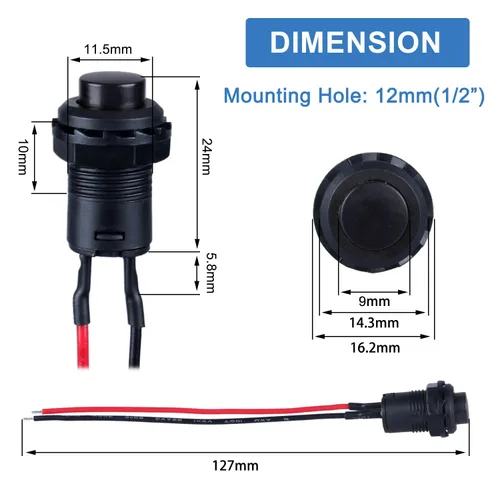 Vista 3 de Juego de 12 interruptores de botón de enganche 12 mm, AC 250V/1.5A 120V/3A, encendido/apagado, SPST, normal abierto, 1NO, 2 pines con cables Negro