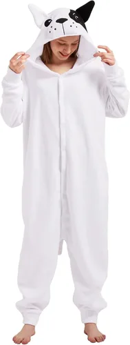Vista 2 de dressfan Disfraz unisex de bulldog de animales con capucha, disfraz de Halloween, cosplay, pijamas de Navidad para adultos, adolescentes y niños