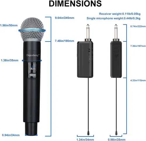 Vista 8 de Depusheng Micrófono inalámbrico, micrófono recargable, micrófono inalámbrico dinámico de mano para cantar karaoke, boda, DJ, fiesta, discurso