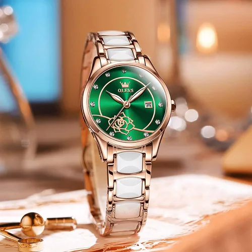 Vista 8 de OLEVS Reloj de pulsera para mujer oro rosa elegante de cerámica para mujer de cuarzo acero inoxidable impermeable luminoso