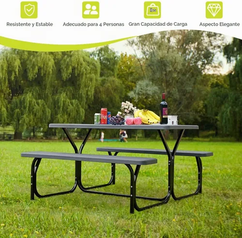 Vista 8 de GYMAX Mesa de Picnic, Banco de Picnic Fácil de Montar con Tablero de Grano de Madera Resistente a Cualquier Clima y Marco de Metal, Mesas de Picnic