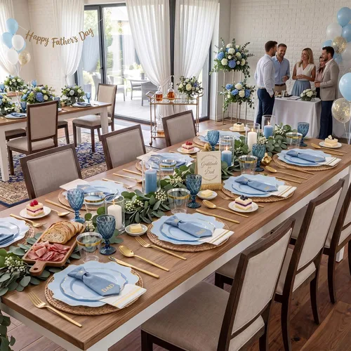 Vista 12 de WDF 175 piezas platos de plástico azul – Platos azul bebé resistentes desechables – Vajilla de plástico para 25 invitados, ideal para Bule y Oro