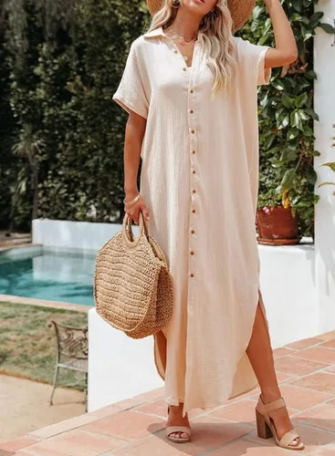 Vista 4 de Dokotoo Womens Casual Short Sleeve Side Split Button Down Long Kimonos Cardigans Swimsuit Cover Ups