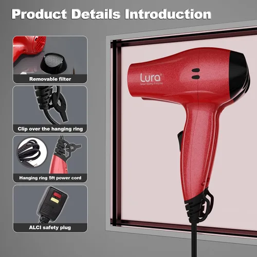 Vista 5 de LURA Secador de pelo de viaje con difusor, pequeños secadores de pelo de doble voltaje para mujeres, mini secadora portátil para hombres, secador