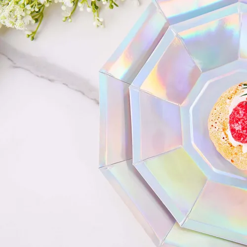 Vista 9 de Efavormart - Paquete de 25 platos de papel decagonal iridiscentes de 7.5 pulgadas, platos de postre geométricos resistentes de 300 GSM para Tipo 3