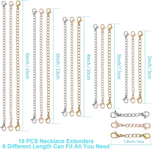 Vista 2 de Extensor de collar, 18 extensores de cadena para collares, pulsera de joyería de acero inoxidable de alta calidad, extensores de collar de tobillera