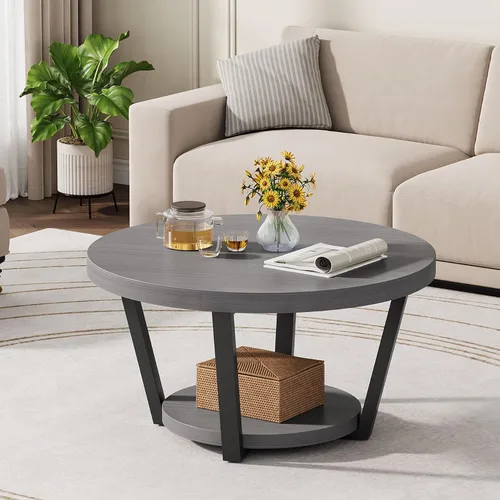 Vista 4 de Mesa de centro redonda con estante de almacenamiento, mesa central de madera de 2 niveles, muebles industriales modernos de sala de estar, gris