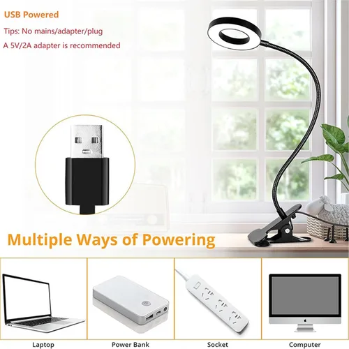 Vista 5 de Brokimis Lámpara de escritorio de protección ocular con clip LED para leer Negro con adaptador