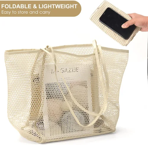 Vista 7 de Nausear Mesh Tote Beach Bag Womens Shoulder Handbag - Spacious, Durable, Breathable, Stylish, Multi-Purpose