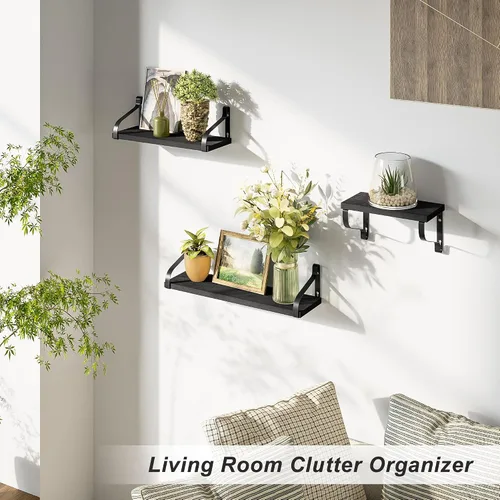 Vista 2 de Love-KANKEI Estantes flotantes montados en la pared de madera rústica, juego de 3 estantes para dormitorio, sala de estar, baño, cocina, color negro