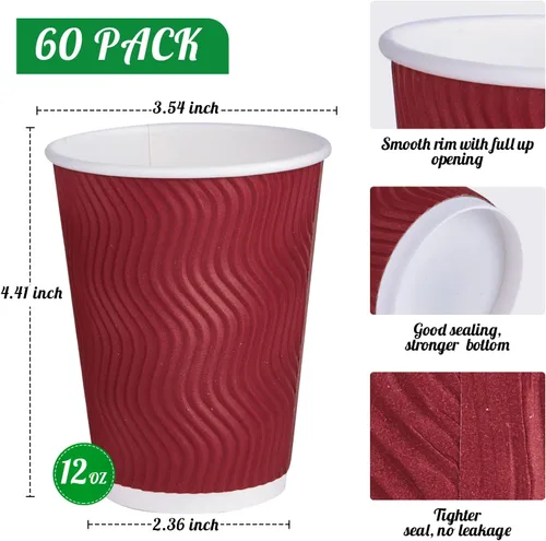 Vista 2 de JollyPack Paquete de 60 tazas de café de papel de 12 onzas, vasos desechables de color rojo vino con pared ondulada aislada para café, té