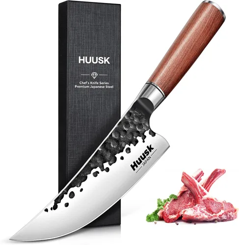 Vista 9 de Huusk Juego de 2 cuchillos vikingos japoneses para cortar carne, cuchillos forjados a mano con mango de madera, cuchillos japoneses de acero de alto
