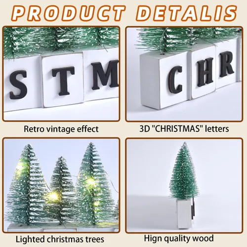 Vista 4 de Decoración de Árbol de Navidad Iluminada con LED para Mesa, Decoración Rústica de Navidad de Madera con Árboles Mini, Letrero de Navidad en Bloque