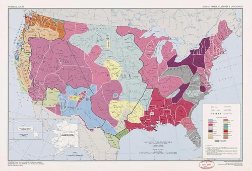 Vista 6 de 1967 Mapa de tribus nativas americanas de Estados Unidos – Culturas e idiomas – Historia de pueblos indígenas indios – Decoración de aula
