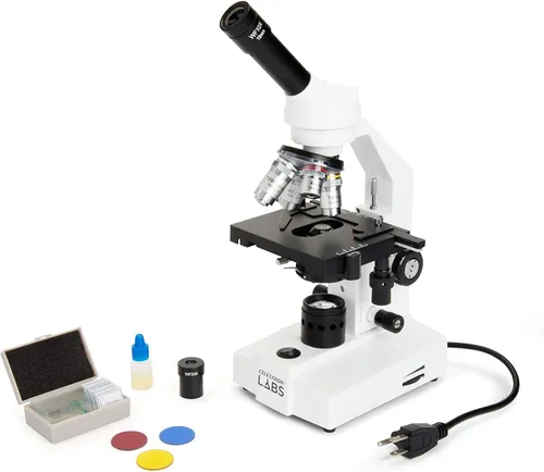 Vista 3 de Celestron Celestron Labs - Microscopio compuesto de cabeza monocular - Aumento de 40-2000x - Etapa mecánica ajustable - Incluye 2 oculares y 10