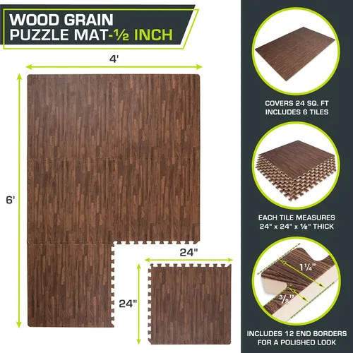 Vista 2 de ProsourceFit Tapete de rompecabezas de grano de madera de ½ pulgada, 6 baldosas de espuma EVA entrelazadas (24 pies cuadrados) para suelos seguros
