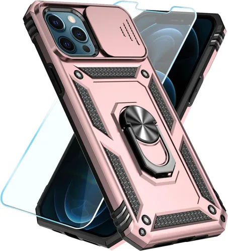 Vista 45 de SunStory Funda compatible con iPhone 12 Pro Max con protector de pantalla HD, cubierta de cámara deslizante y soporte de anillo giratorio