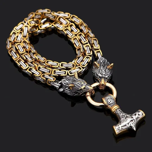 Vista 2 de Collar con colgante de cabeza de lobo Thor Mjolnir Viking Jewelry