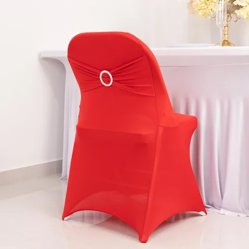 Vista 65 de Efavormart - Funda para silla de banquete de elastano beige con banda de hebilla de diamantes de imitación plateados, funda elástica para silla