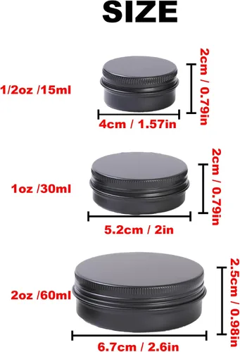 Vista 2 de LJY 48 latas redondas de aluminio negro, tapas de tornillo, 2/1/0.5 oz, 3