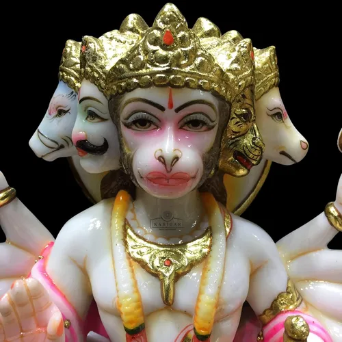 Vista 3 de Estatua de Hanuman Murti de 12 pulgadas de hoja de oro grande Panchmukhi Hanuman mármol bendición 5 caras Hanuman figura Hanuman mono hindú dios