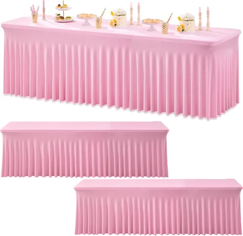 Vista 9 de Paquete de 3 Manteles de Spandex Azul Bebé para Mesas Rectangulares de 6 Pies, Falda de Mesa Azul Elástica Ajustada de 6 Pies para Fiestas de Boda
