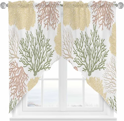 Vista 15 de Cenefa de amarre para ventanas, cortinas náuticas costeras de coral, cenefas con bolsillo para barra, cortinas de ventana con temática de playa
