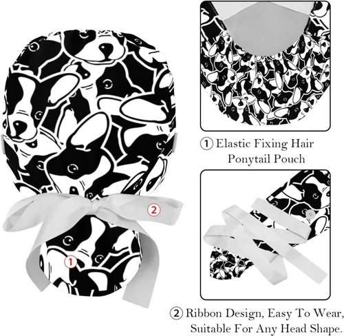Vista 4 de FFLOWER 2 gorras de trabajo para mujer con botón, lindo bulldog francés largo, con cinta, con cordones, Negro