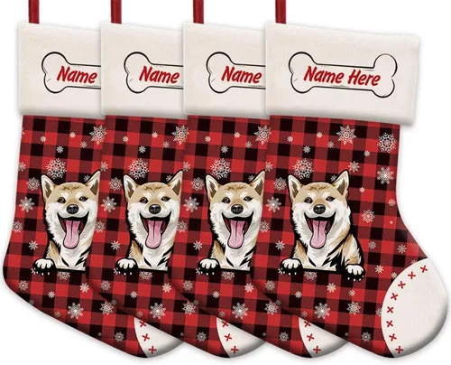 Vista 34 de Foto personalizada, Feliz Navidad, búfalo rojo, a cuadros, feliz perro, calcetín de Navidad, copo de nieve, decoración de vacaciones, calcetín