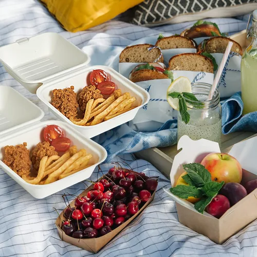 Vista 7 de Paquete de 200 recipientes de comida para llevar, 100% compostables, desechables, cajas de 6 x 6 pulgadas para ensalada, tartas, sándwiches