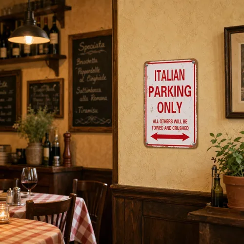 Vista 6 de Letrero de aluminio italiano con texto en inglés «Parking Only», divertida decoración de garaje de metal, 8 x 12 SUBURBAN PO3
