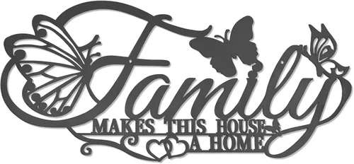 Vista 10 de Family Where Life Begins Love Never Ends Word - Decoración de pared de metal negro con corazón de mariposas, escultura colgante de letras de hierro