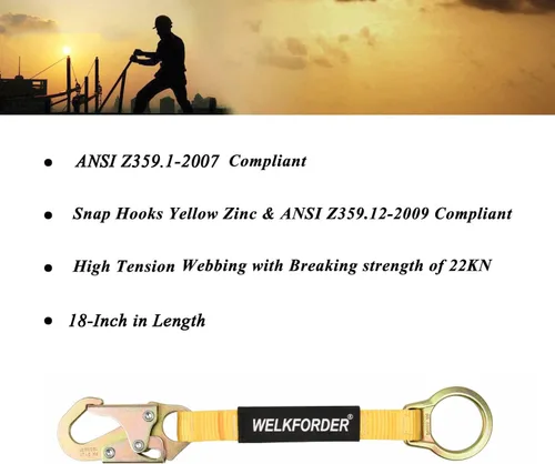 Vista 2 de Extensor de anillo en D de 18 pulgadas con protección contra caídas con conector de gancho a presión y anillo "O" cumple con ANSI