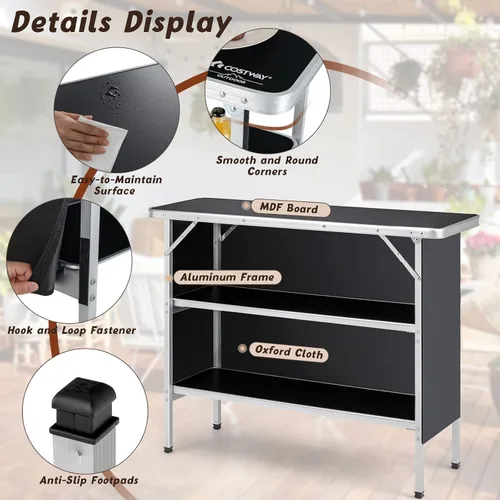 Vista 4 de Giantex Mesa de bar portátil para eventos, estación móvil plegable con estantes de almacenamiento, falda de privacidad extraíble, funda de Negro