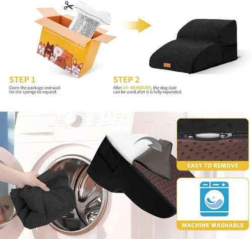 Vista 8 de 2-Step Dog Stairs for Small Dogs, Non-Slip Foam Pet Steps for Low Couch Bed Negro
