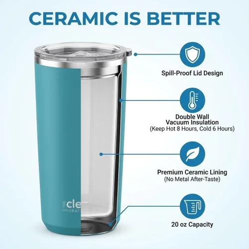 Vista 2 de THE CLEAN HYDRATION CO. Vaso aislado con revestimiento de cerámica de 20 onzas, tapa a prueba de derrames, aislado al vacío, mantiene el sabor