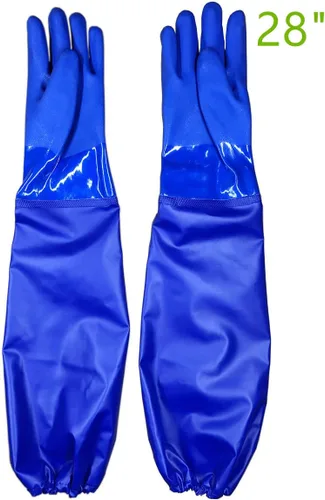 Vista 4 de Guantes largos de goma resistentes al agua con forro de algodón, guantes resistentes a productos químicos, longitud del codo, talla L
