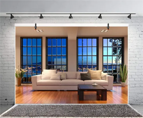 Vista 4 de AOFOTO Fondo de ventana francesa de oficina de negocios de 5 x 3 pies, para sala de estar, sofá, fotografía, fondo interior, trabajo en casa