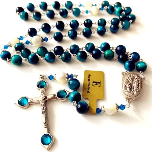 Vista 2 de elegantmedical HECHO A MANO CUENTAS DE OJO DE TIGRE CATÓLICO ROSARIO CRUCIFIJO COLLAR Lourdes Medalla de agua