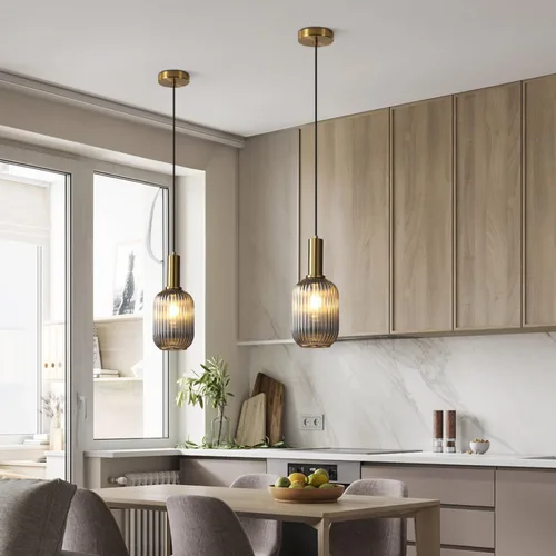 Vista 4 de KCO Lighting Lámpara Colgante Mini de Cristal Ahumado, Accesorio de Iluminación de 1 Luz Oro Cepillado, Luces Colgantes para Isla de Cocina