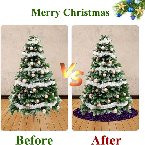 Vista 7 de Faldas de árbol moradas de Navidad de 21 pulgadas, faldas de árbol de lentejuelas con purpurina, decoración de tela de terciopelo, falda de árbol
