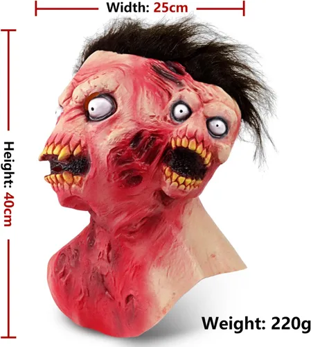 Vista 2 de Pigmiss Máscara de zombi aterradora de cabeza completa de látex realista de demonio, máscara divertida de doble cabeza espeluznante de boca abierta
