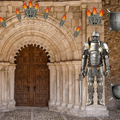 Vista 6 de 15 piezas de decoraciones medievales para fiestas de 6 pies, traje articulado de armadura de caballero recortado, accesorios de antorcha medieval