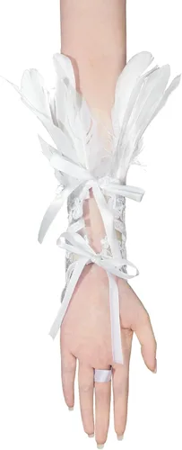 Vista 2 de Komorebi Guantes largos de encaje con plumas de Halloween para mujer, guantes de encaje para disfraz de bruja, guantes de codo de malla