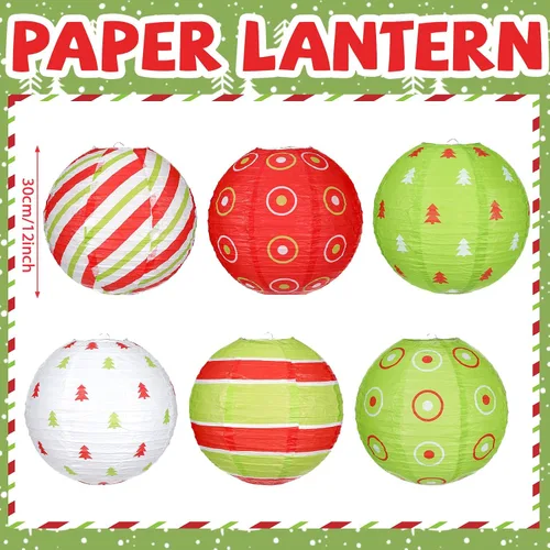 Vista 3 de Bencailor Juego de 12 linternas de papel colgantes de Navidad, linternas decorativas para fiesta de Navidad, lámparas colgantes redondas