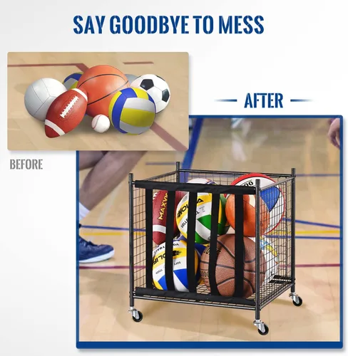 Vista 6 de Mythinglogic Carrito de almacenamiento de pelotas deportivas rodantes, armario de almacenamiento de bolas con cerradura deportiva con ruedas, jaula
