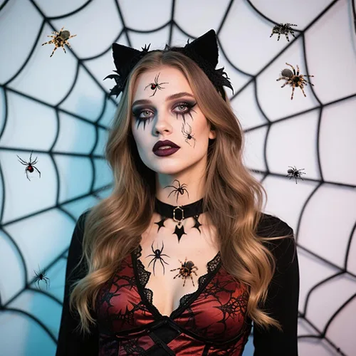 Vista 7 de Tatuajes temporales de Halloween, calcomanías de araña falsa para cara y cuerpo, 10 hojas de calcomanías de tatuaje para el día de los muertos