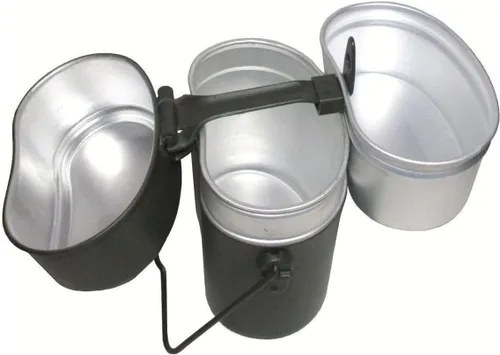 Vista 4 de MIL-TEC Kit de desorden de aluminio gris de estilo alemán Lata militar portátil de tres partes con marco de aplauso Ideal para camping