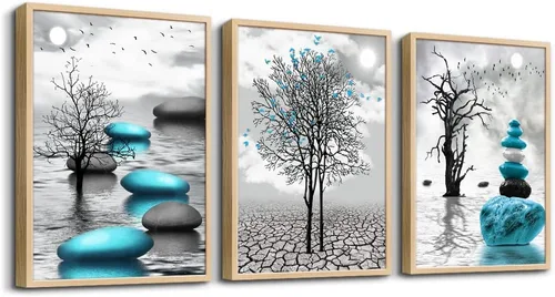 Vista 18 de Arte en lienzo enmarcado en negro para decoración de sala de estar y dormitorio - Pintura de pared de playa en blanco y negro - Imágenes de olas